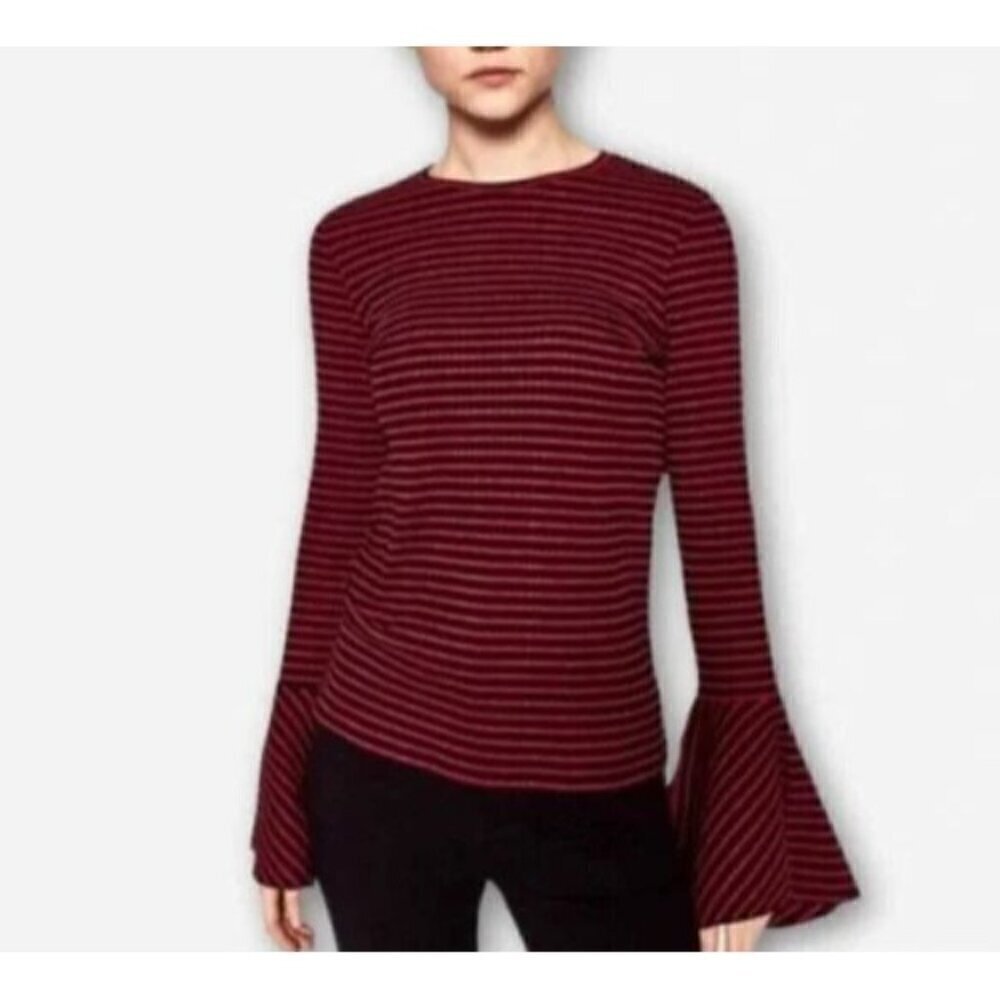 Zara Top Womens Medium Black Red Striped Long Bell Sleeve Ribbed Jersey Knit
